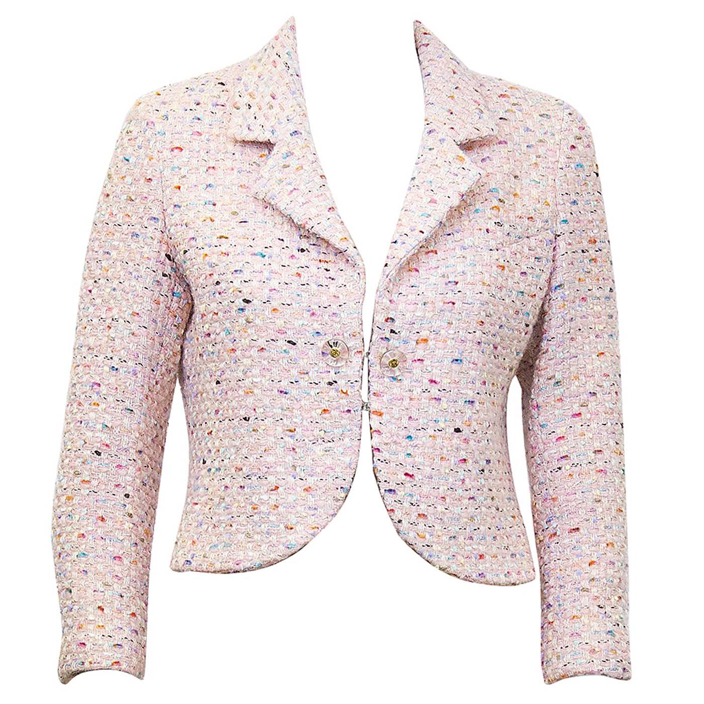 1994P Chanel Pastel Pink Multi-Color Boucle Cropped Jacket 