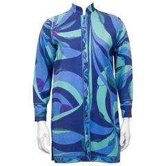 2000's Bessi Blue Silk and Wool Printed 3/4 Length Jacket 2