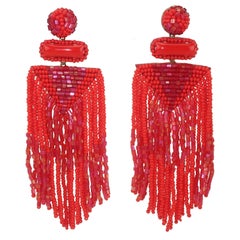 Deepa Gurnani Red Bead Fringe Chandelier Earrings