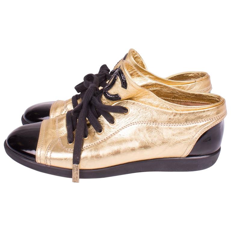 Chanel Leather Shoes - gold/black at 1stDibs