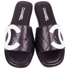  Chanel Quilted Cambon Slide Sandals - black & white leather 