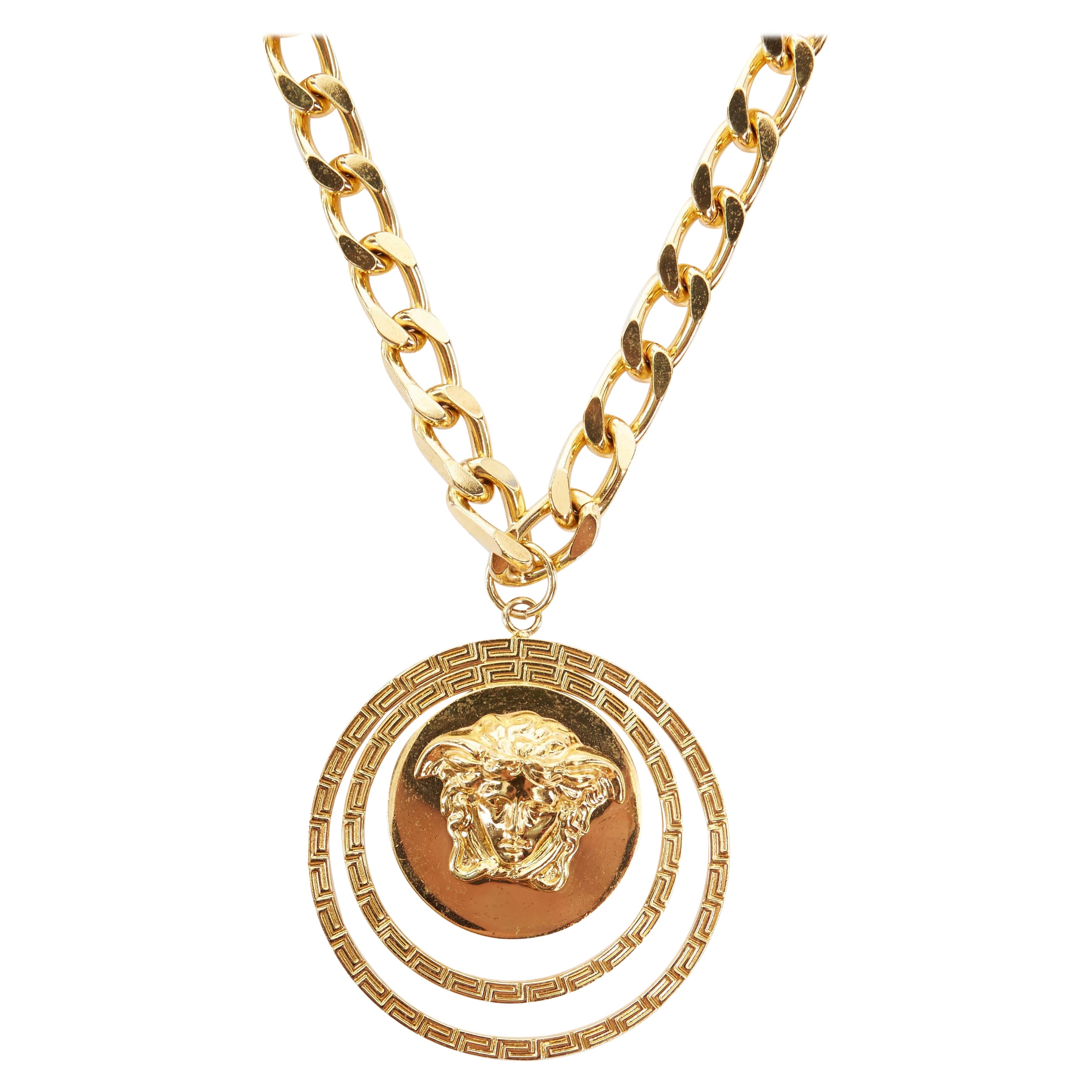 VERSACE gold tone nickel Medusa halo medallion coin chunky long necklace