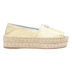 PRADA metallic gold leather logo peep toe jute platform espadrille shoe EU38
