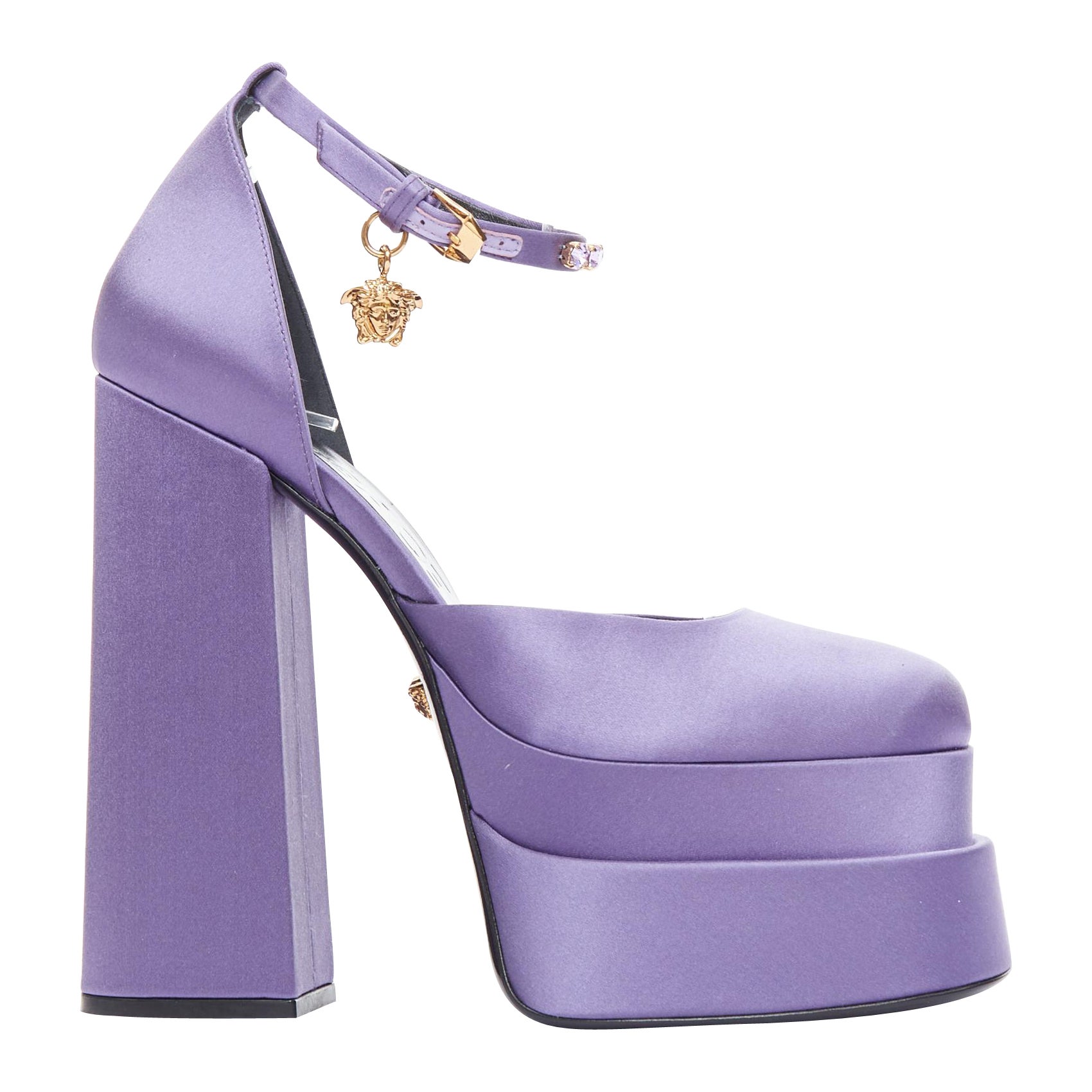 VERSACE Runway Aevitas 155 lilac purple satin gold crystal Medusa platform EU39 For Sale