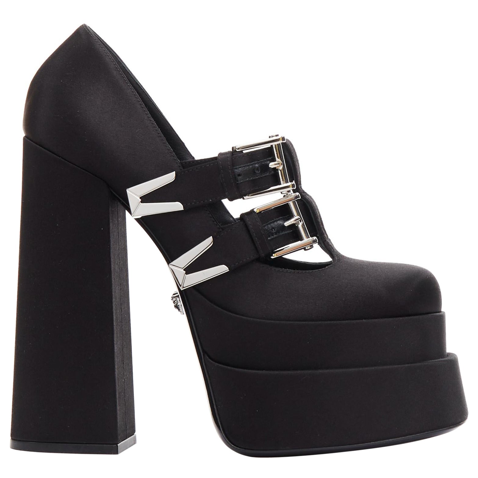 VERSACE Runway Aevitas 155 noir satin bondage boucle double plateforme EU38 en vente