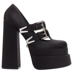 VERSACE Runway Aevitas 155 black satin bondage buckle double platform EU38