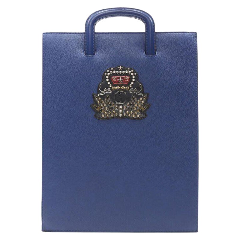 CHRISTIAN LOUBOUTIN Trictrac blue crest studded leather side zip portfolio bag