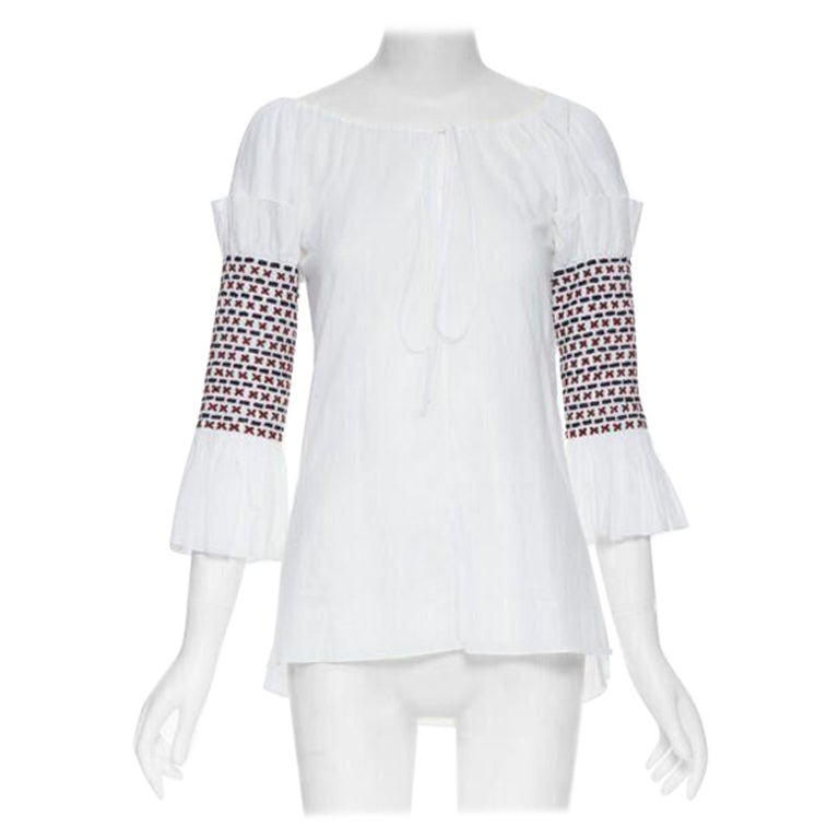 ROSIE ASSOULIN white ethnic embroidery smocked sleeves off shoulder top US4 For Sale