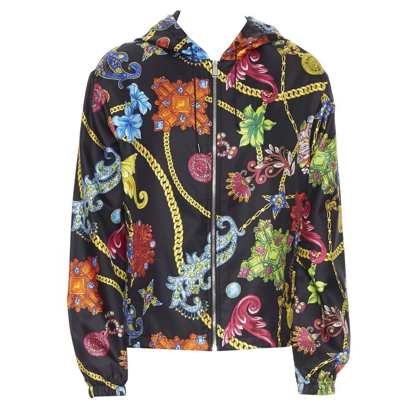 VERSACE 100% silk SS19 Vintage Jewel Floral Gold Chain hoodie jacket IT48 M For Sale