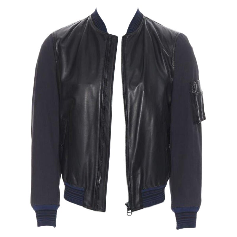 LANVIN ALBER ELBAZ black contrast lamb leather front MA1 bomber jacket EU44 XS For Sale