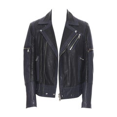 BALMAIN navy blue black leather ribbed motorcycle biker jacket EU48 M