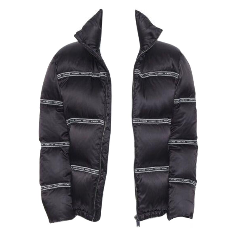VERSACE Nastro Stampa black logo ribbon goose down padded jacket IT46 S