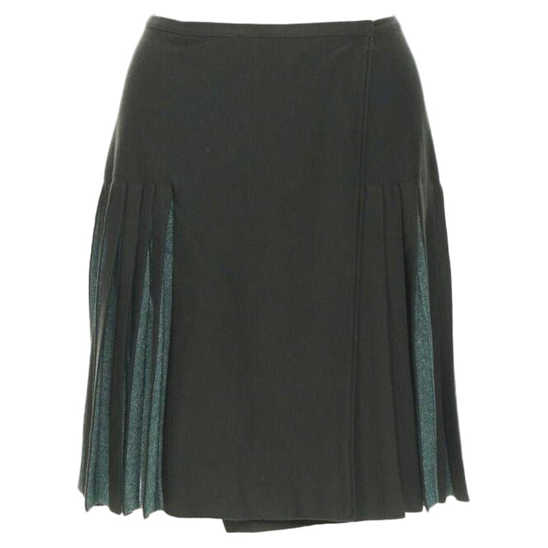vintage ALAIA dark green wool blend pleated hem wrap flared skirt FR40 M en venta