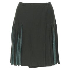 Vintage ALAIA dark green wool blend pleated hem wrap flared skirt FR40 M