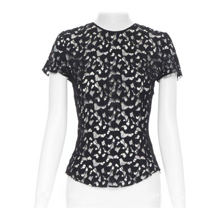 NINA RICCI black sheer lace cap sleeve zip back T-shirt top FR40 XS For Sale