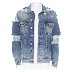 BALMAIN blue washed heavy distressed holey casual cotton denim jacket S