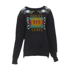 GUCCI felpa blu con ricamo floreale e logo vintage LOVED con borchie e segni di usura S