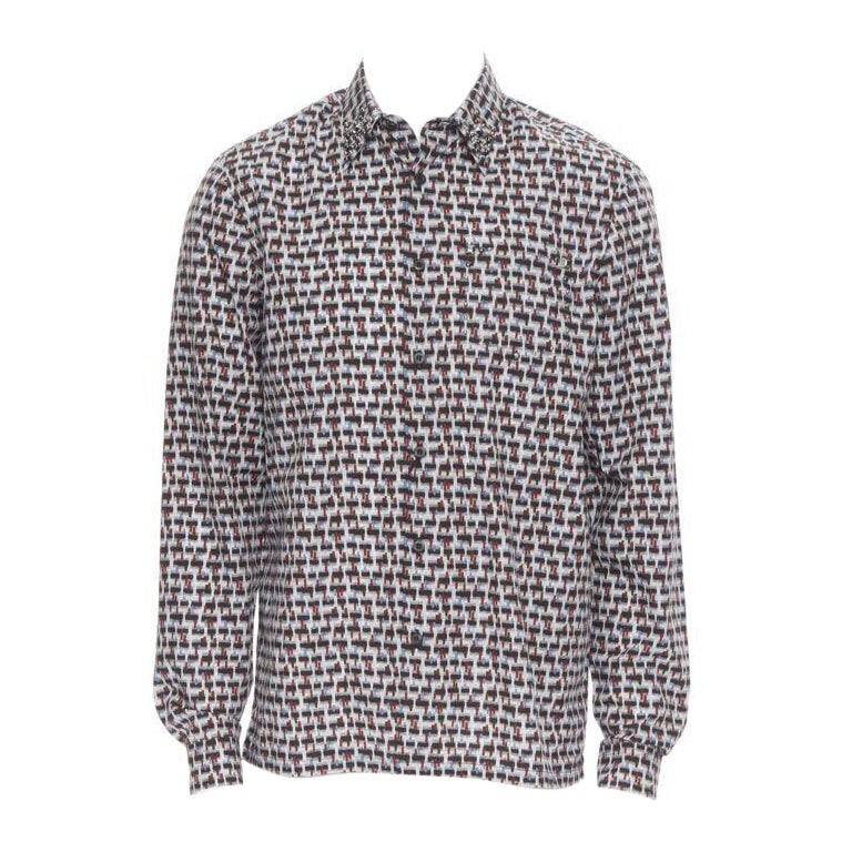 PRADA 2018 Losanga camicia con colletto borchiato con stampa geometrica astratta EU39 M.