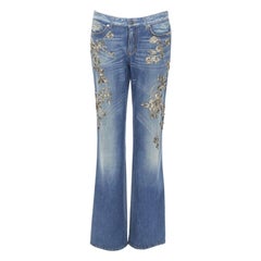 ROBERTO CAVALLI silver bead crystal floral embellished boot cut jeans IT42 M
