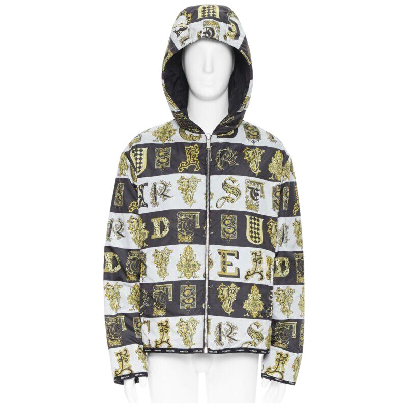 VERSACE Reversible Baroque Alphabet gold black nylon quilted jacket IT58 4XL For Sale