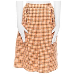 vintage CELINE 1980 orange check wool pleat skirt leather horsebit cuff FR44 XXL