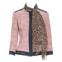 vintage DOLCE GABBANA pink tweed denim trimmed leopard scarf jacket IT42