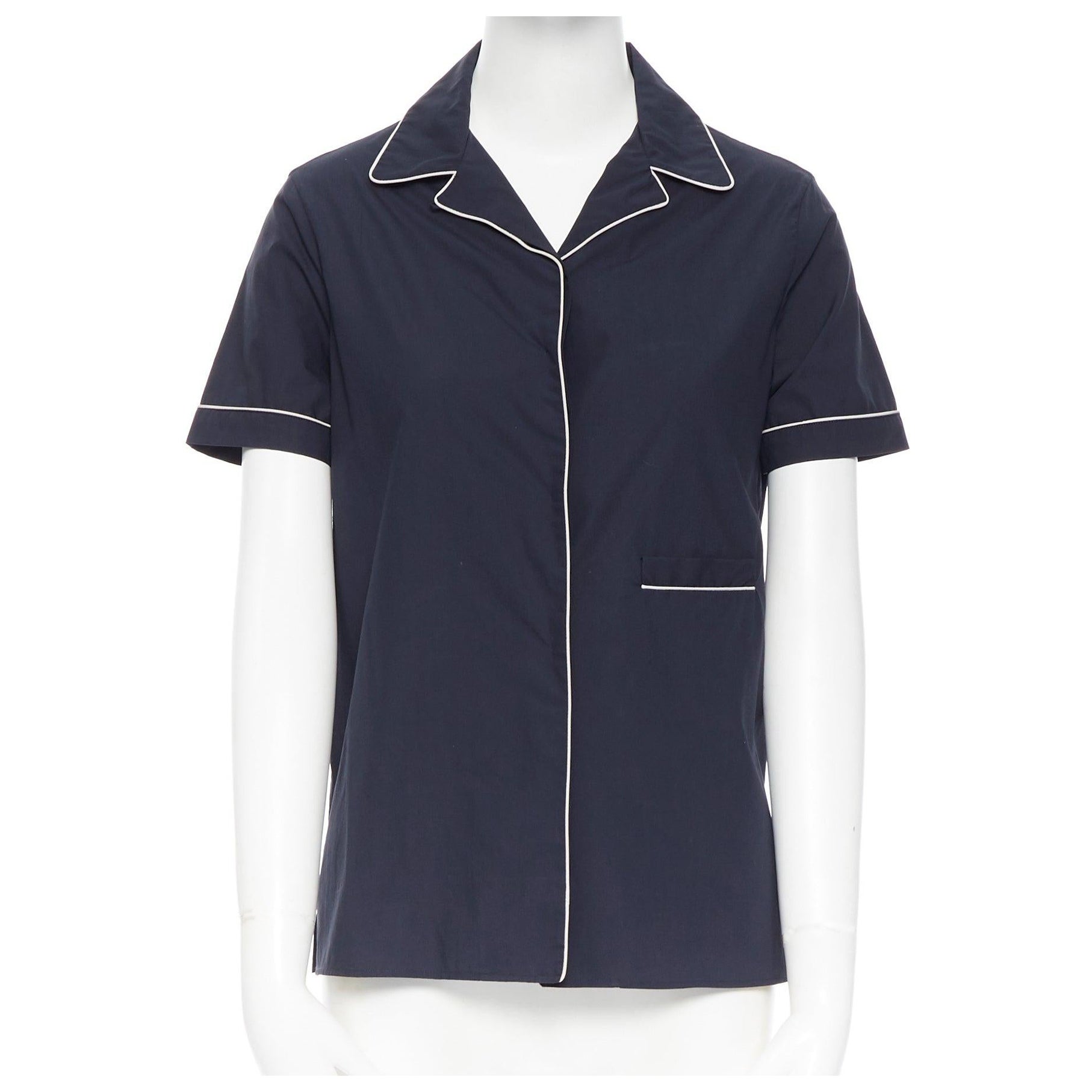 JIL SANDER navy blue cotton cuban shirt notch collar pipe short sleeves FR34 For Sale