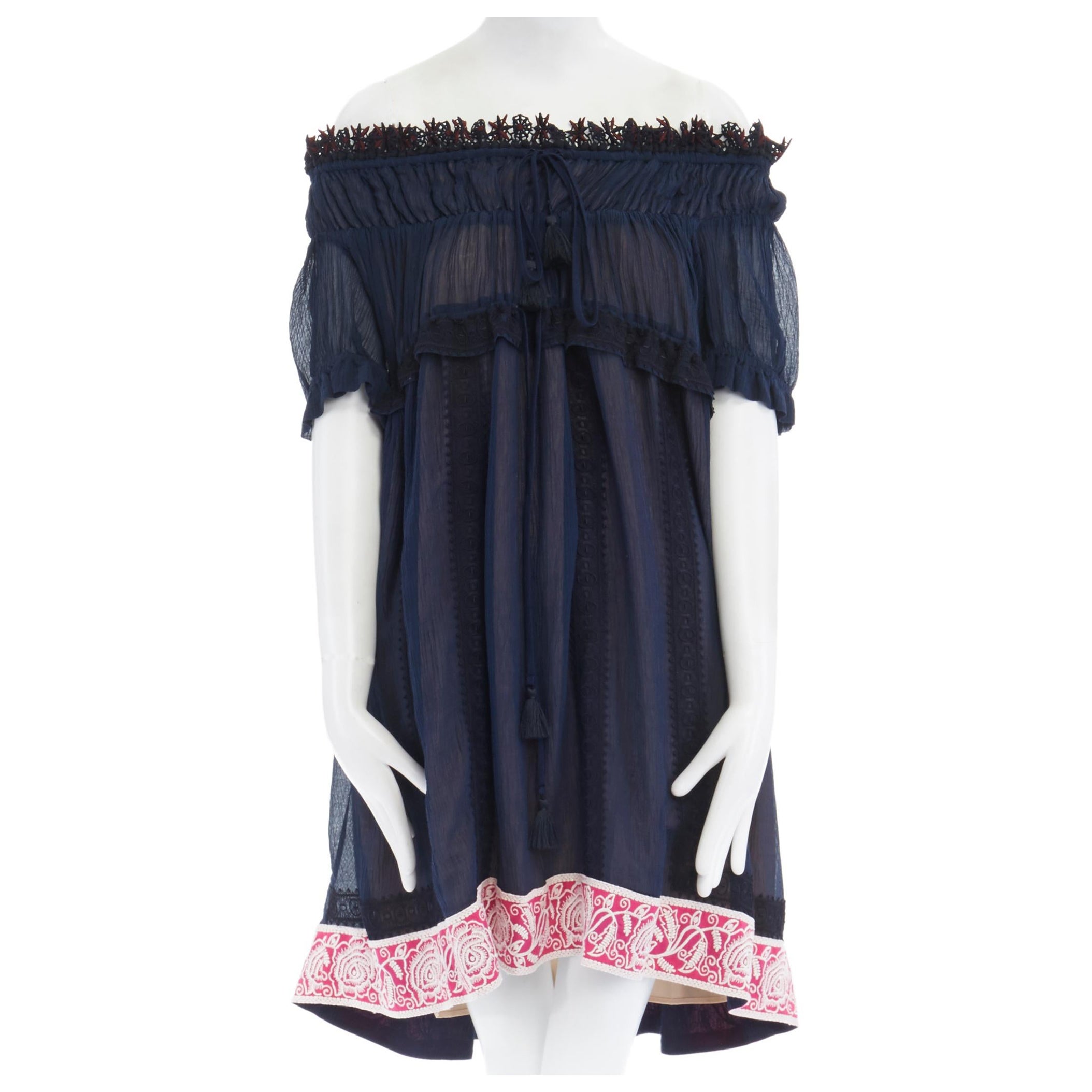 CHLOE navy embroidery lace trim off shoulder boho dress FR36 S For Sale