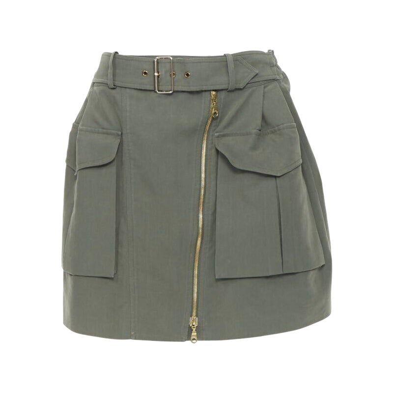 KENZO military khaki green cotton dual pockets belted elasticated skirt Fr38