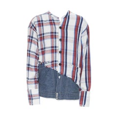 GREG LAUREN 50/50 White Plaid Navy Birdwell Studio Shirt deconstructed top S