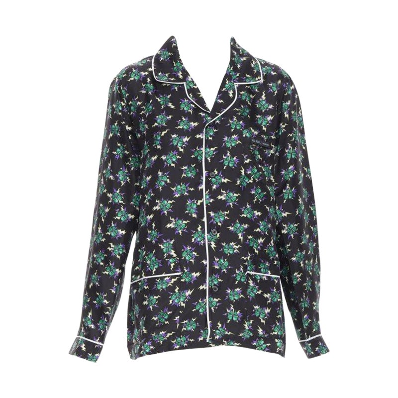 PRADA 2019 Frankenstein Micro Heart black print 100% silk pyjama shirt top S For Sale