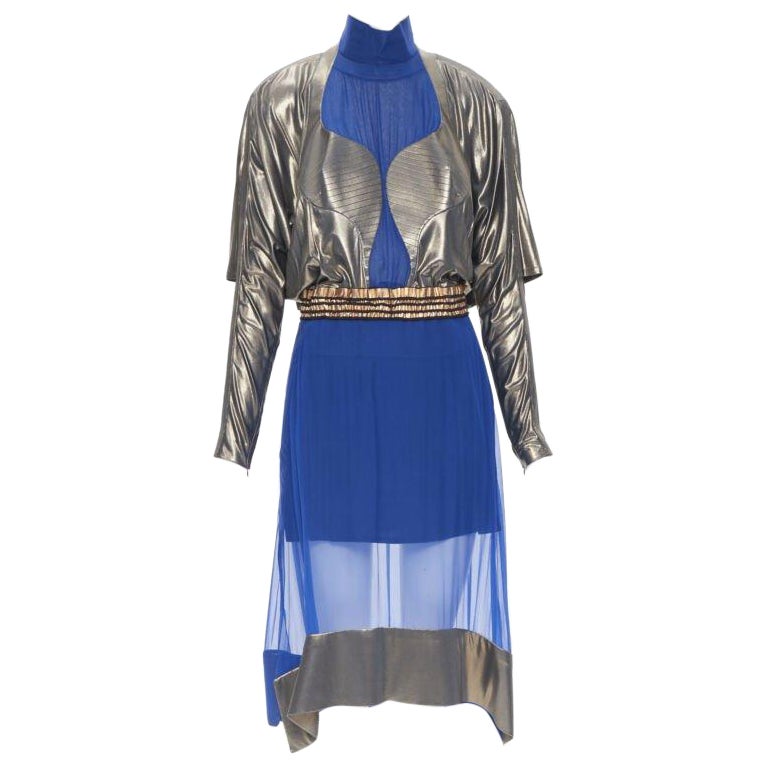 BALENCIAGA 2012 Pasarela azul cobre futurista bustier vestido de seda FR36 XS en venta