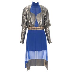 BALENCIAGA 2012 Runway blue copper futuristic bustier silk dress FR36 XS