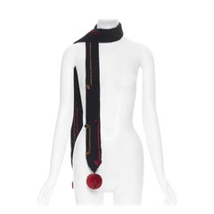 PRADA 2017 Runway Hand Made black crochet knit pom trim skinny long scarf