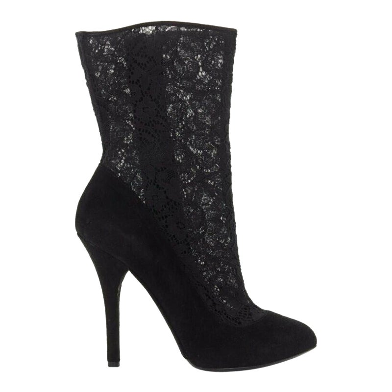 DOLCE GABBANA noir dentelle florale maille chaussette daim escarpin design bottine courte EU39