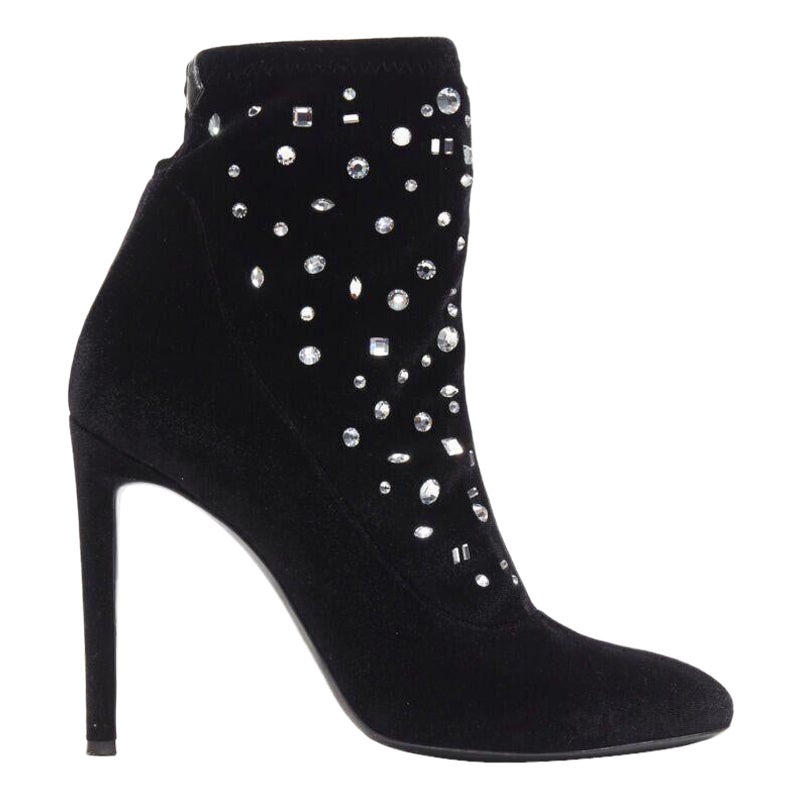 GIUSEPPE ZANOTTI black velvet crystal jewel embellished pull on sock bootie EU39 For Sale