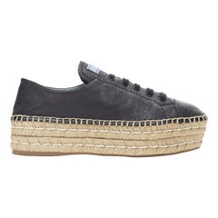 PRADA black leather signature logo double platform jute espadrille EU38.5