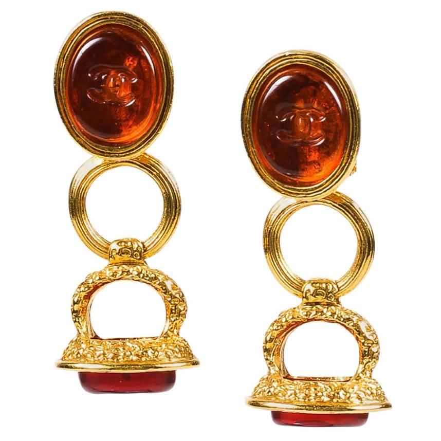 Vintage Chanel 93A Gold Tone Red Gripoix 'CC' Dangle Clip On Earrings For Sale