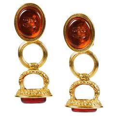 Vintage Chanel 93A Gold Tone Red Gripoix 'CC' Dangle Clip On Earrings