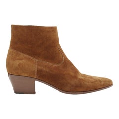 SAINT LAURENT Wyatt tan brown suede almond toe cuban bootie EU38