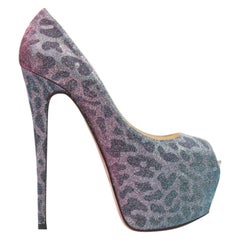 CHRISTIAN LOUBOUTIN Highness 160 blue lame leopard peep toe platform EU38