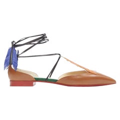 CHRISIAN LOUBOUTIN Braunes Tribal-Leder Feder Wickelgürtel Flats EU38