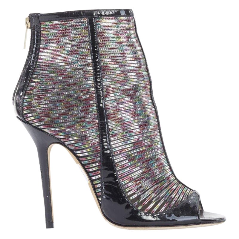 JIMMY CHOO Kier Hologramm Mesh schwarz Lack Peep Toe High Heel Bootie EU38.5 im Angebot