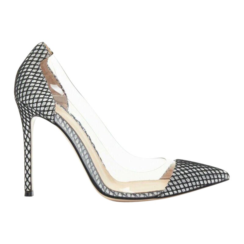 GIANVITO ROSSI Plexi 100 silver glitter black mesh PVC point toe pump EU37 For Sale