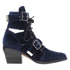 CHLOE Rylee, in velluto blu, con cinturino a fibbia e lacci, stivaletti tagliati EU37