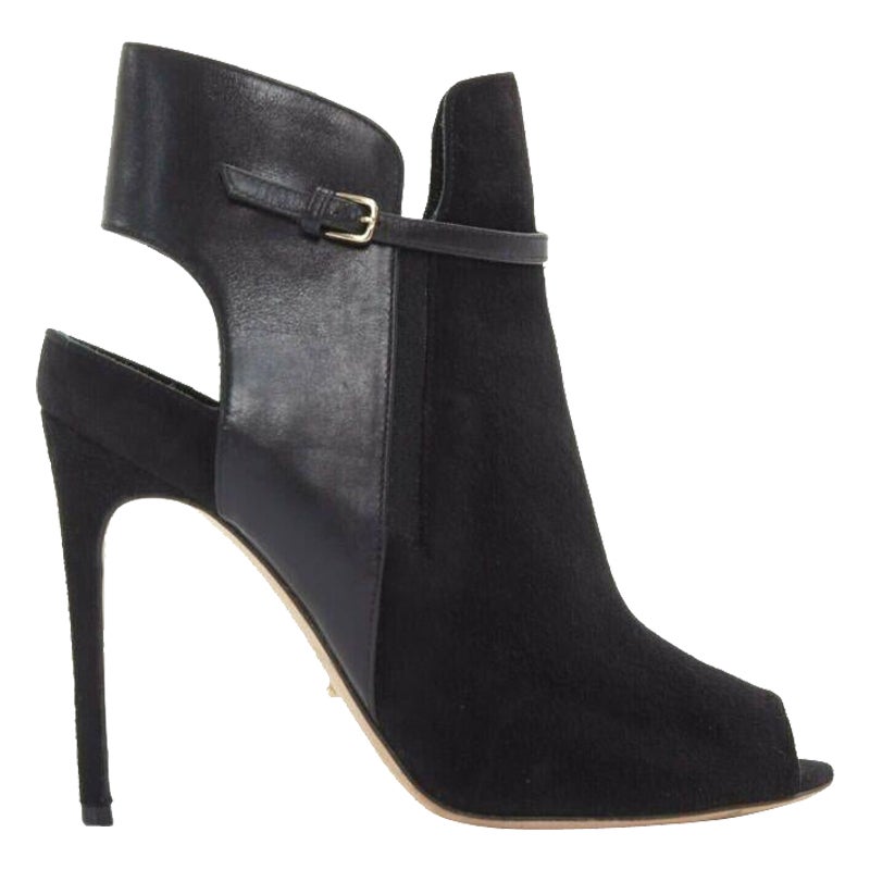 SERGIO ROSSI black suede leather strap buckle peep toe heel ankle bootie EU37 For Sale