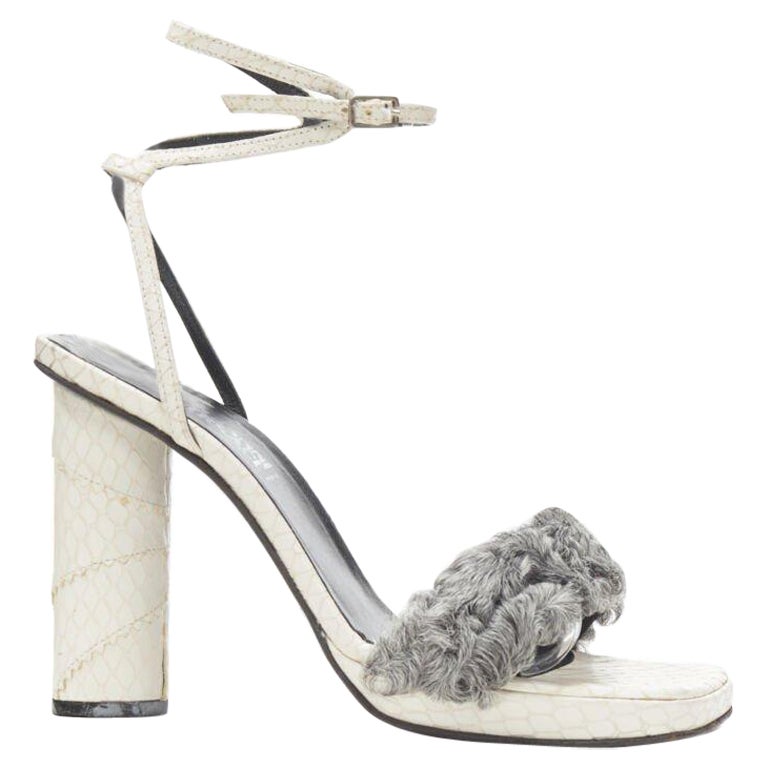vintage GIANNI VERSACE white grey shearling ankle strap cone heel sandal EU36 For Sale