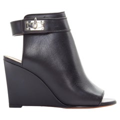 GIVENCHY TISCI black leather peep toe silver shark tooth lock wedge EU36 US6