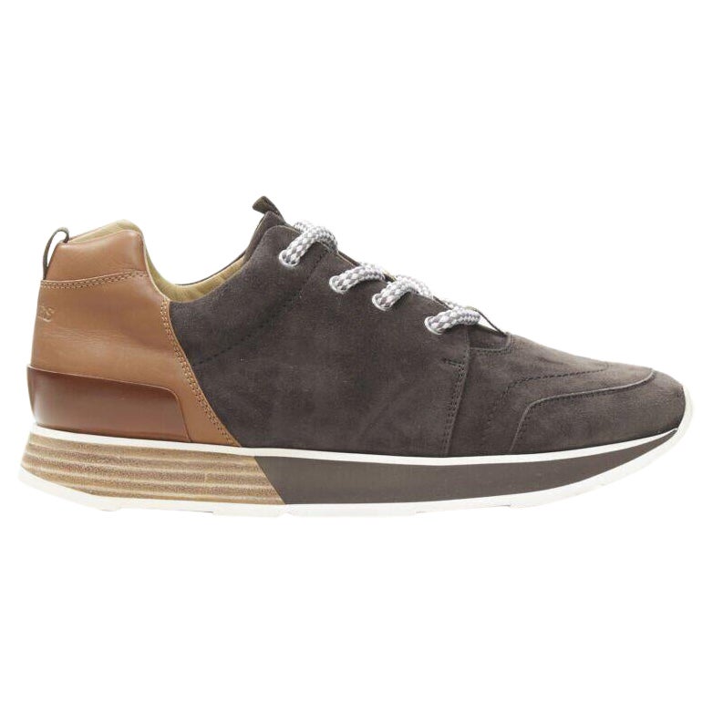 HERMES Buster grey brown suede lace up wooden rubber sole low sneaker EU39.5 For Sale