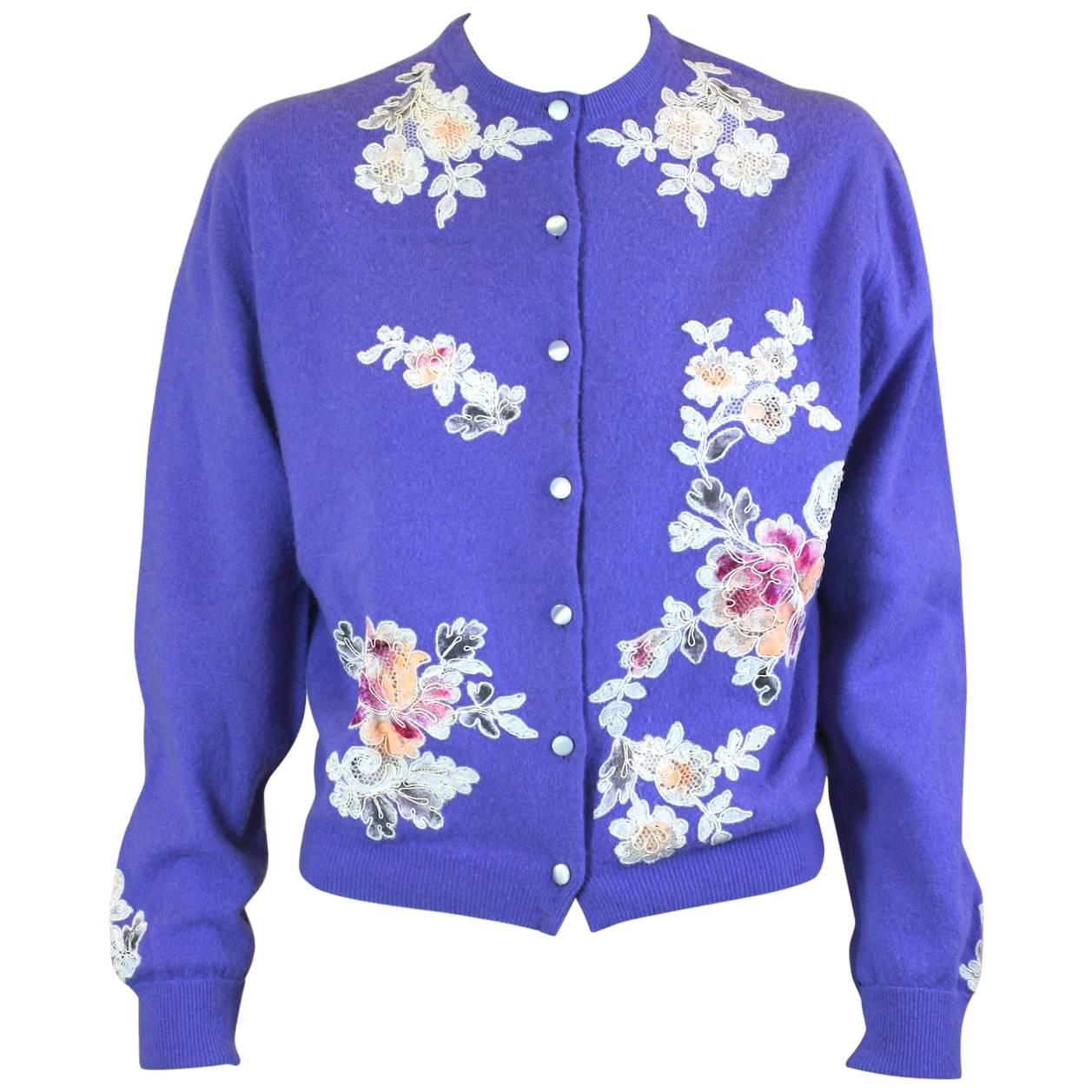 Purple Cashmere Cardigan with Lace Decoration For Sale